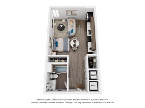 Floor plan for studio, 1 bath, 585 sqft